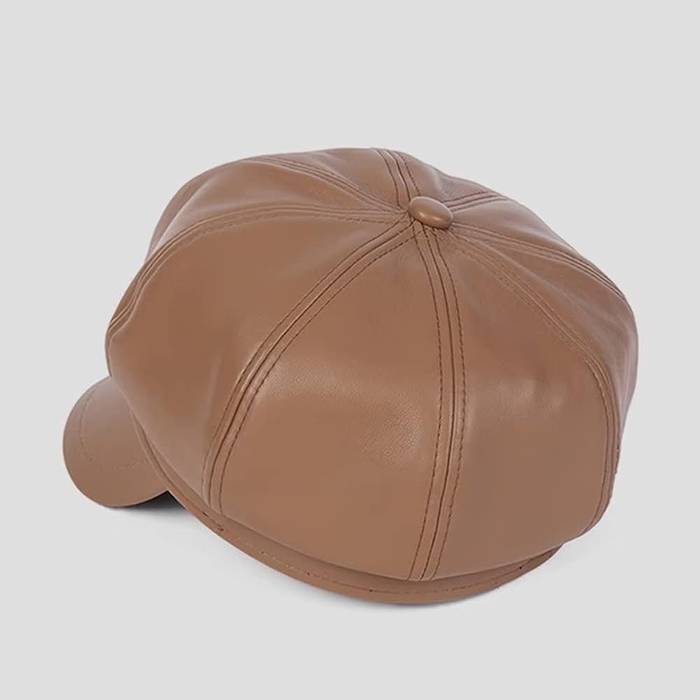 Unisex 8-Panel PU Leather Newsboy Cap – Beige